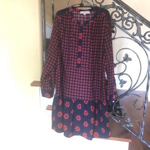 LOFT Red/Navy Floral Flounce Dress